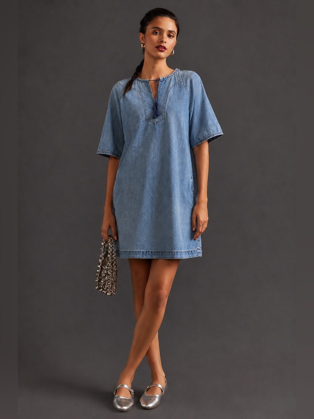 Madewell Minimalist Light Blue Denim Mini Tunic Dress w/Tassel Tie 3/4  Sleeves